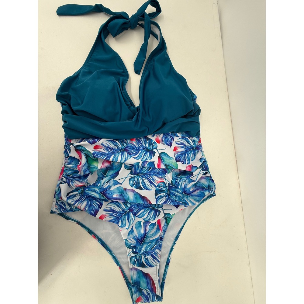 Teal Tropical Leaf Print Halter Neck One Piece Swimsuit Women's Size 2XL